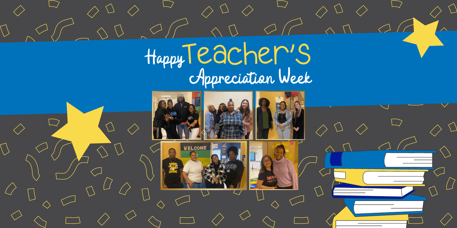 Graphic with photos of adults, text "Happy Teacher's Appreciation Week", stars, and books.